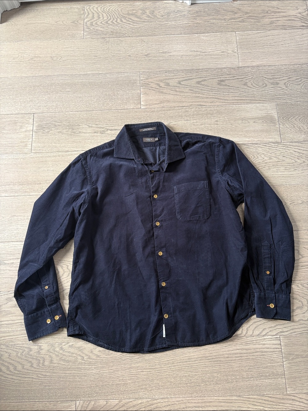 LINC 100% Cotton Ribbed Navy Blue Long-Sleeve Button-Down Shirt